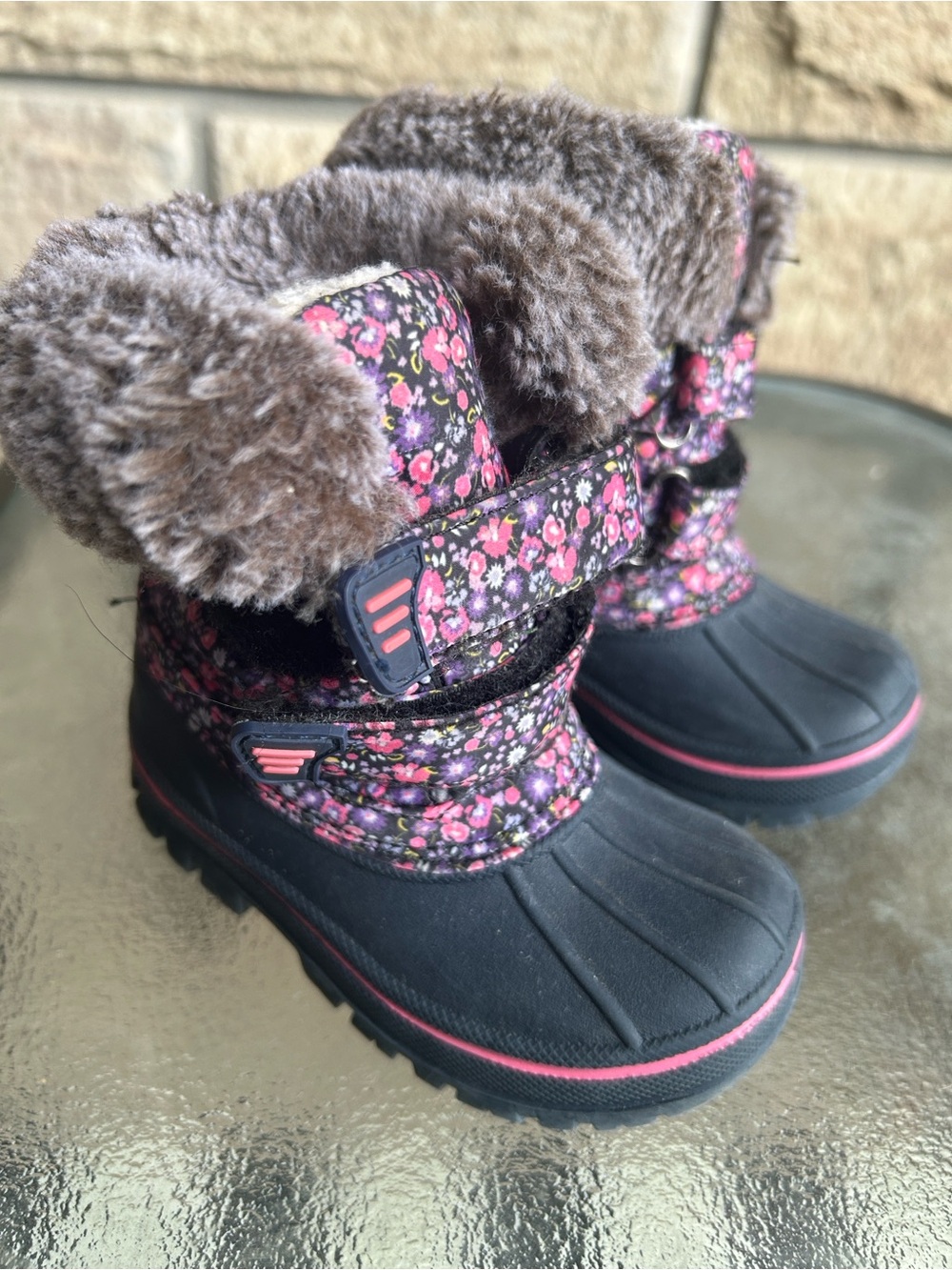 Kids Pink Floral Winter Boots with Faux Fur Trim Size 5